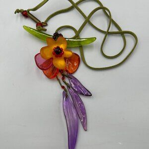 Lalo Necklace Flower Pendant Coloful Resin Suede Pull Cord Adjustable Statement